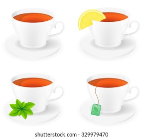 porcelain cup of tea with lemon and mint side view vector illustration isolated on white background