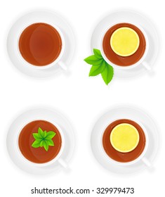 porcelain cup of tea with lemon and mint top view vector illustration isolated on white background