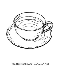 A porcelain cup of tea on a saucer. Vector illustration. A mug of tea or coffee, isolated on a white background. The theme of tea drinking, coffee shops, menus, cookbooks and recipes