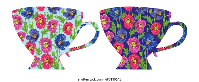 Porcelain decorative cup. A cup with a flower pattern, silhouette. Bright floral pattern, two mug blue. Vector illustration EPS 10