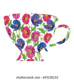 Porcelain decorative cup. A cup with a flower pattern, silhouette. Bright floral pattern, white mug. Vector illustration EPS 10
