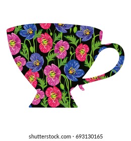 Porcelain decorative cup. A cup with a flower pattern, silhouette. Bright floral pattern, black mug. Vector illustration EPS 10
