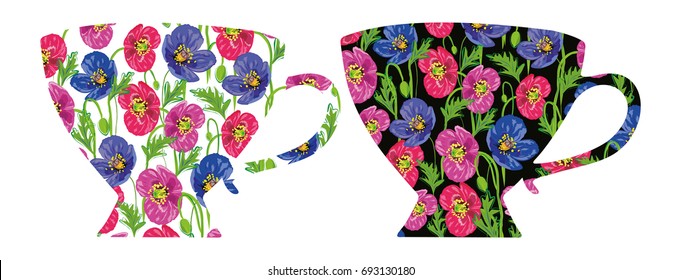 Porcelain decorative cup. A cup with a flower pattern, silhouette. Bright floral pattern, two mug white, black. Vector illustration EPS 10