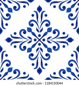 porcelain decorative pattern, Abstract floral wallpaper decor baroque and damask style, seamless blue and white ceramic royal background for design texture, silk, floor and wall, vector illustration
