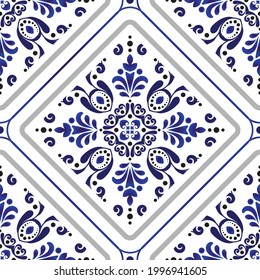 porcelain decorative pattern, Abstract floral wallpaper decor baroque and damask style, seamless blue and white ceramic royal background for design texture, silk, floor and wall, vector illustration
