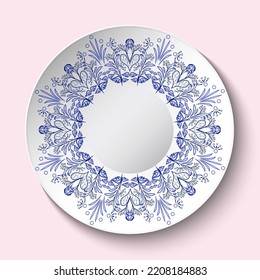 Porcelain Dish With Circular Blue Floral Pattern. Plate And Decor On White In Oriental Asian Style. Ceramic Saucer With National Cobalt Flower Painting Chinese Or Russian Style Vector Illustration