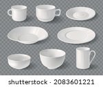 Porcelain dishware realistic mockup set of white cups and plates on transparent background isolated vector illustration