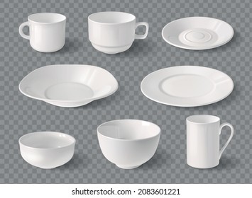 Porcelain dishware realistic mockup set of white cups and plates on transparent background isolated vector illustration