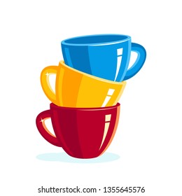 Porcelain empty tea or coffee cups in a stack. Vector illustration in flat style