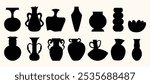 Porcelain hand-draw textured trendy artistic clay pots, vases, jugs, jars silhouette. Neutral colors design elements, pottery logo illustrations. Vintage ceramic bottle creativity set	