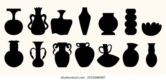 Porcelain hand-draw textured trendy artistic clay pots, vases, jugs, jars silhouette. Neutral colors design elements, pottery logo illustrations. Vintage ceramic bottle creativity set	