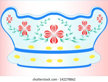 Porcelain Jardiniere ship shape, colored in blue with floral design