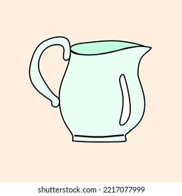 Porcelain Jug, Pitcher, Coffee Or Tea Creamer Or Milk Pot With Handle, Doodle Style Flat Vector