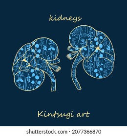 Porcelain kidneys decorated blue plant pattern decorated golden craquelure in kintsugi art style. Modern upcycling eco trend. Good fashion fabric design, scrapbooking sticker Vector illustration