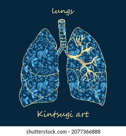 Porcelain lungs decorated blue plant pattern decorated golden craquelure in kintsugi art style. Modern upcycling eco trend. Good fashion fabric design, scrapbooking sticker Vector illustration