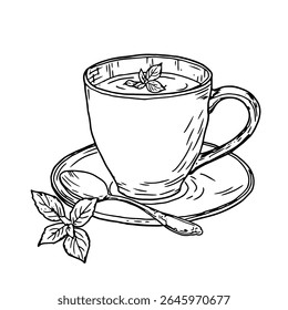 Porcelain mug with tea on a saucer, black and white ink sketch. Vector illustration. Mug of hot tea with mint leaves, isolated on a white background. Theme is cuisine, cooking, cafes and restaurants