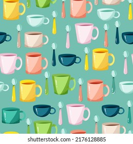 Porcelain mugs and spoons seamless print. A set of tea cups. Vector illustration in cartoon flat style.