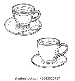 Porcelain mugs with tea, black and white ink sketch. Vector illustration. A set of coffee mugs and a spoon, isolated on a white background. The theme of cuisine, cooking, cafes and restaurants