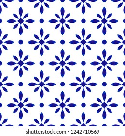 porcelain pattern, abstract flower indigo background, tile design, cute ceramic blue and white floral seamless decor vector illustration