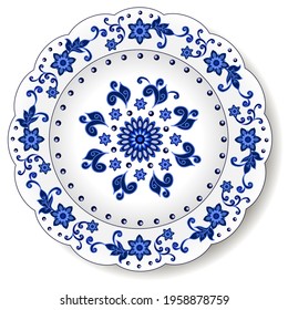 Porcelain plate with blue on white abstract oriental ornament in Chinese design style. Traditional decorative pattern with flowers and leaves. Isolated plate or dish, vector illustration