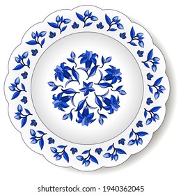 Porcelain Plate, Blue And White Floral Ornament In Oriental Style. Chinoiserie Traditional Design, Circular Pattern With Flowers And Leaves. Decorative Plate Or Dish Isolated. Vector Illustration