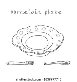 Porcelain Plate With Fork And Spoon. Artistic Cartoon Doodle Hand Drawn Illustration Vector Sketch