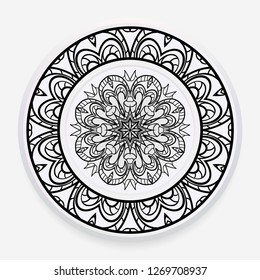 Porcelain plate with mandala ornament. Vector illustration. Isolated. Round geometric floral pattern. Interior decoration, home decor element