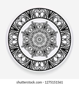 Porcelain plate with mandala ornament. Vector illustration. Isolated. Round geometric floral pattern. Interior decoration, home decor element