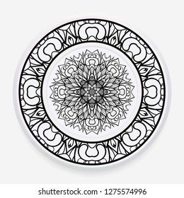 Porcelain plate with mandala ornament. Vector illustration. Isolated. Round geometric floral pattern. Interior decoration, home decor element