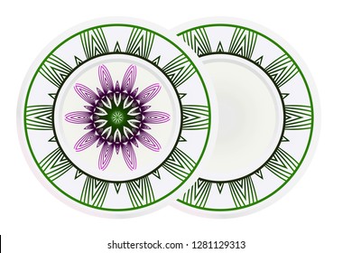 Porcelain plate with mandala ornament. Vector illustration. Isolated. Tribal ethnic ornament with mandala. Home decor vector illustration