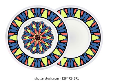 Porcelain plate with mandala ornament. Vector illustration. Isolated. Tribal ethnic ornament with mandala. Home decor vector illustration