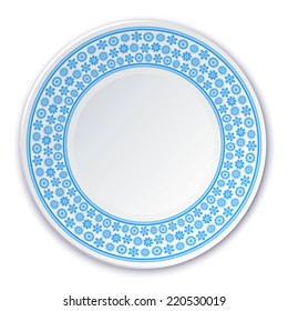 Porcelain plate on a painting of a blue snowflakes on a white background. Vector illustration