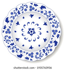 Porcelain plate with oriental blue on white abstract floral ornament in traditional China design style. Isolated object on white background, vector illustration