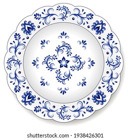 Porcelain plate with oriental blue on white abstract floral ornament in traditional China design style. Isolated object on white background, vector illustration