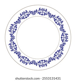 Placa de porcelana com azul oriental em branco com ornamento floral abstrato de ouro no estilo de design tradicional da China. Vintage, étnica placa de porcelana design floral. Quadro para superfícies redondas, bordados