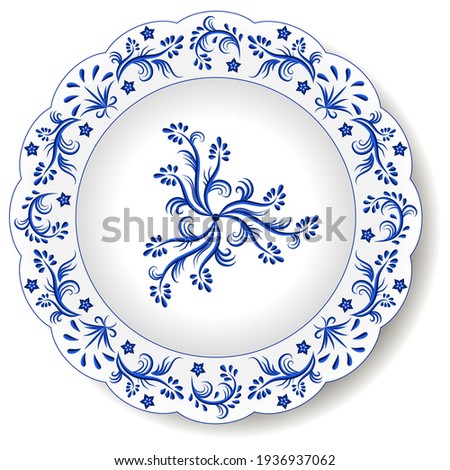 Porcelain plate with oriental blue on white abstract floral ornament in traditional China design style. Isolated object on white background, vector illustration