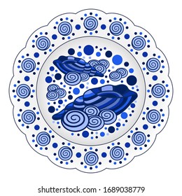 Plato de porcelana ornamentado con estampado decorativo con conchas. Útil para la decoración de las mesas de marisco. Azul sobre elemento blanco aislado. Ilustración del vector