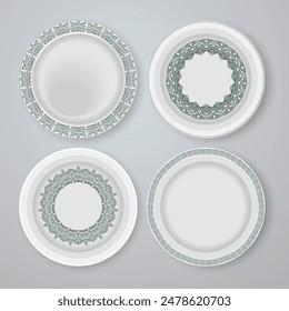 A porcelain plate with a traditional Asian-style pattern. drawing for background, plates, dishes, bowls, lids, tray, tray, vector illustration. 
