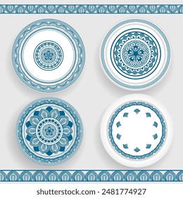 A porcelain plate with a traditional Asian-style pattern. drawing for background, plates, dishes, bowls, lids, tray, tray, vector illustration. 
