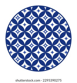 Porcelain plate with traditional blue on white design in Asian style. design pattern for background, plate, dish, bowl, lid, tray, salver, vector illustration art embroidery. star and leaf plate.