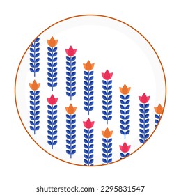 Porcelain plate with traditional blue on white design in Asian style. design pattern for background, plate, dish, bowl, lid, tray, salver, vector illustration art embroidery. flower and stem plate.