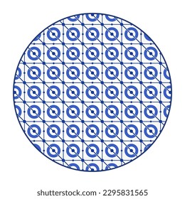Porcelain plate with traditional blue on white design in Asian style. design pattern for background, plate, dish, bowl, lid, tray, salver, vector illustration art embroidery. donut and net plate. 