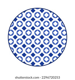 Porcelain plate with traditional blue on white design in Asian style. design pattern for background, plate, dish, bowl, lid, tray, salver, vector illustration art embroidery. diamond and hole plate.
