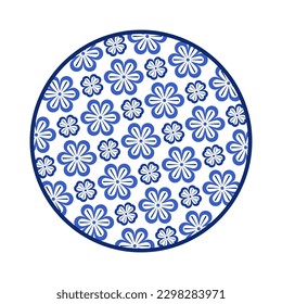 Porcelain plate with traditional blue on white design in Asian style. design pattern for background, plate, dish, bowl, lid, tray, salver, vector illustration art embroidery. blooming flower plate.