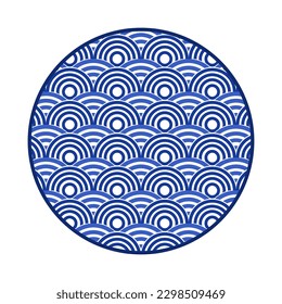 Platos de porcelana con un diseño tradicional azul sobre blanco al estilo asiático. patrón de diseño para fondo, plato, plato, tazón, tapa, bandeja, salver, ilustración vectorial bordado de arte. placa de olas de mar redonda.