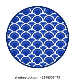 Porcelain plate with traditional blue on white design in Asian style. design pattern for background, plate, dish, bowl, lid, tray, salver, vector illustration art embroidery. Japan fish scale plate. 