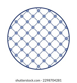 Porcelain plate with traditional blue on white design in Asian style. design pattern for background, plate, dish, bowl, lid, tray, salver, vector illustration art embroidery. link flower line plate.