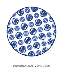 Porcelain plate with traditional blue on white design in Asian style. design pattern for background, plate, dish, bowl, lid, tray, salver, vector illustration art embroidery. circle symbol plate.