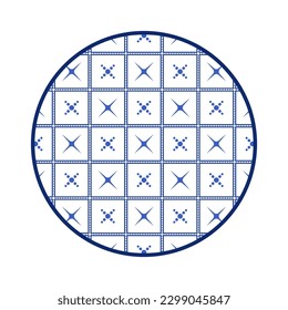 Porcelain plate with traditional blue on white design in Asian style. design pattern for background, plate, dish, bowl, lid, tray, salver, vector illustration art embroidery. star and circle plate.
