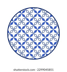 Porcelain plate with traditional blue on white design in Asian style. design pattern for background, plate, dish, bowl, lid, tray, salver, vector illustration art embroidery. diamond pattern plate.
